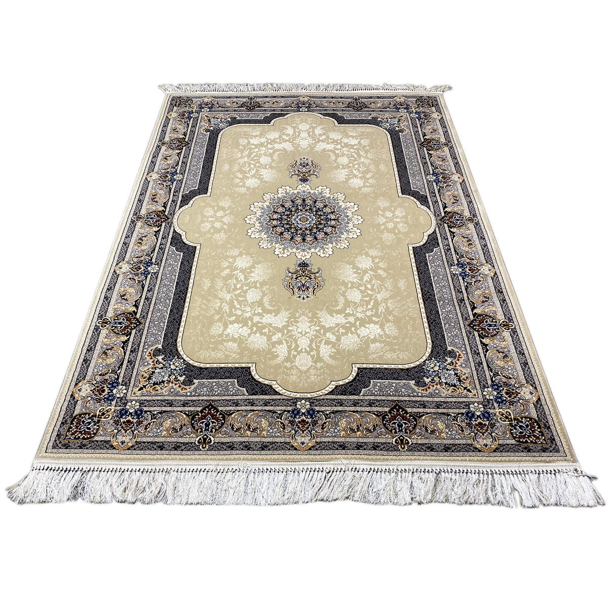 Beige rug with a blue border pattern, central medallion, and fringes along the edge