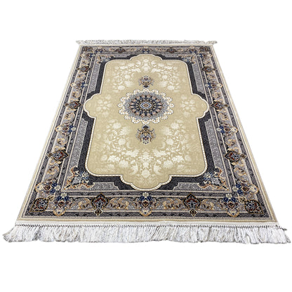 Beige rug with a blue border pattern, central medallion, and fringes along the edge