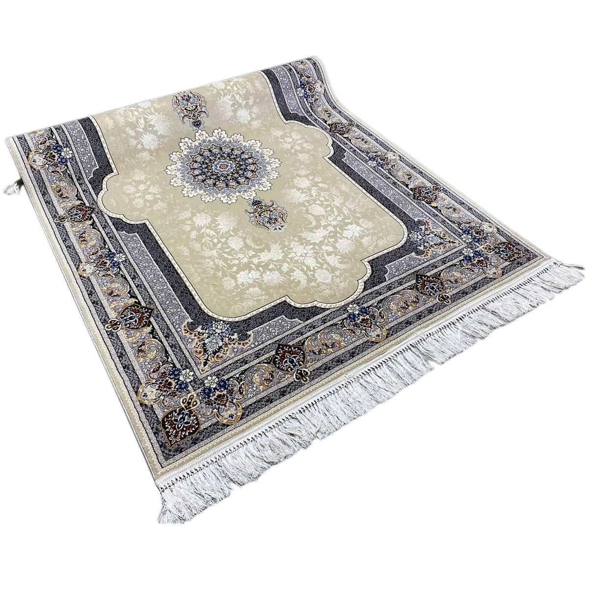 Beige rug with a blue decorative element and fringes, draped in a rectangular shape