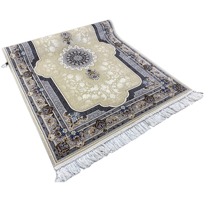 Beige rug with a blue decorative element and fringes, draped in a rectangular shape
