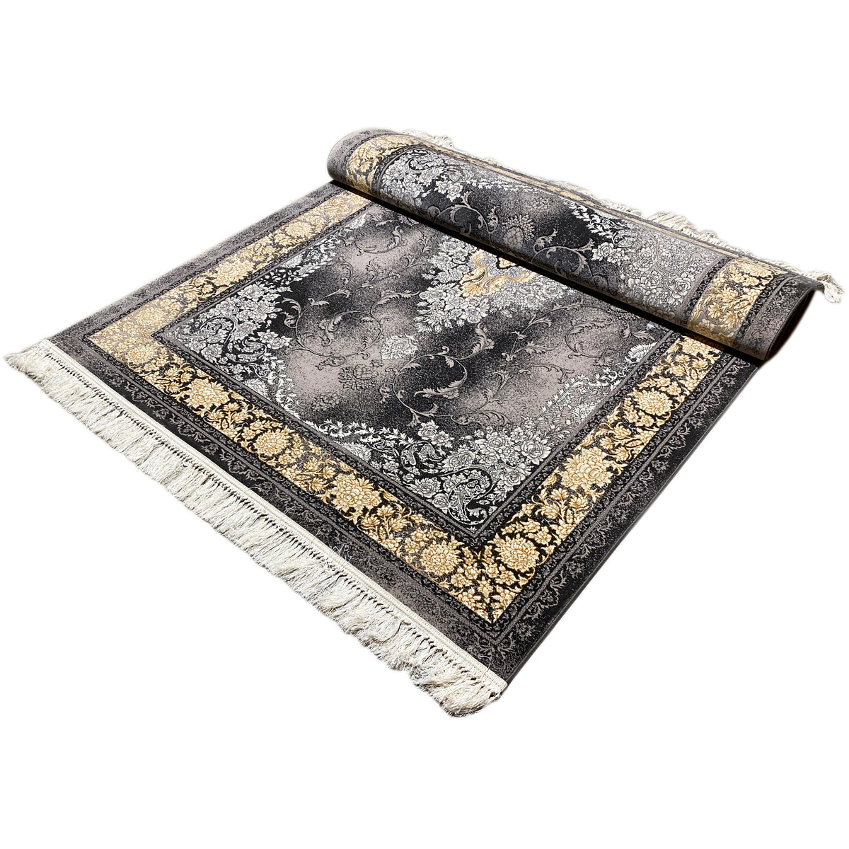 Folded 160x230 cm rug: silver-gray pile with floral motifs, gold-colored border and fringes