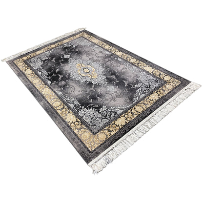 Rug 160x230 cm on diagonal: silver-gray-and-black pattern, gold corner frame, fringes
