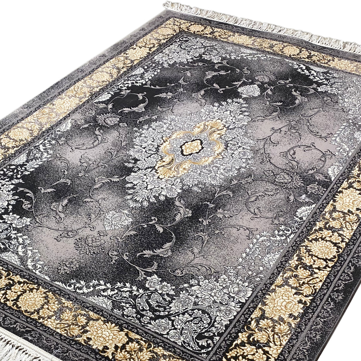 Close-up of a rug: central gold-colored medallion, delicate tendrils on a silver-gray background