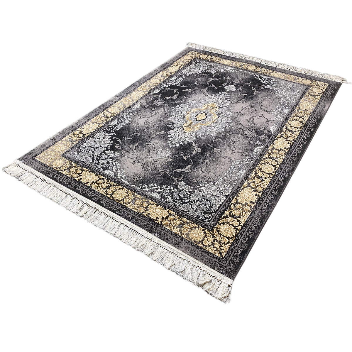 Rug 160x230 cm: gray-black pile with ornaments, gold-colored decorative border, fringes