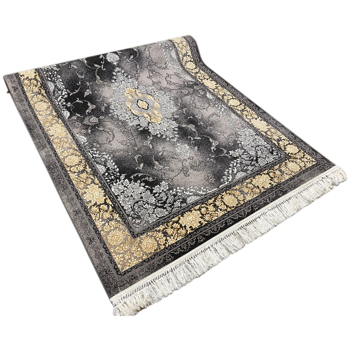 Rug 160x230 cm: silver-gray vintage ornament style, gold-colored border, black edging, fringes