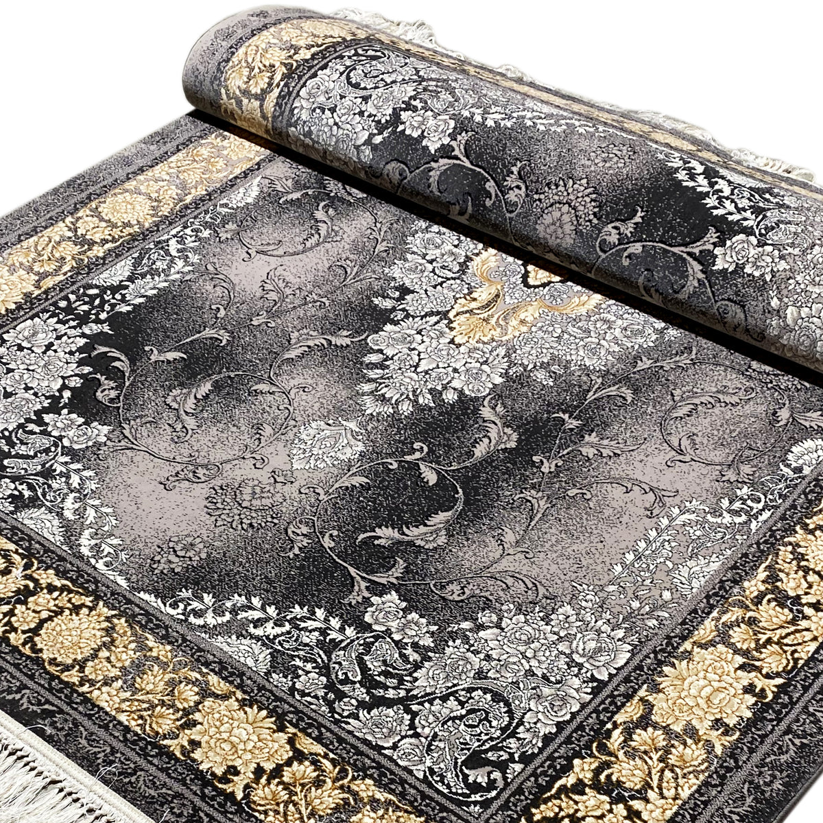 Rug with a gray baroque pattern, gold-colored border, and black vines