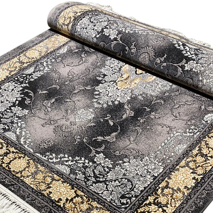 Rug with a gray baroque pattern, gold-colored border, and black vines