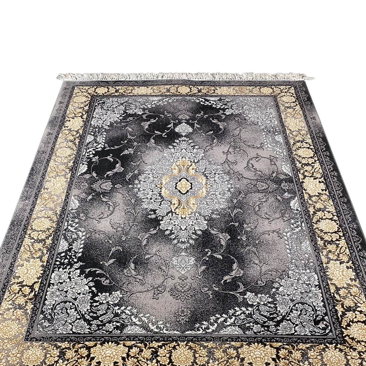 Gray carpet with floral ornamentation, black border, and gold trim