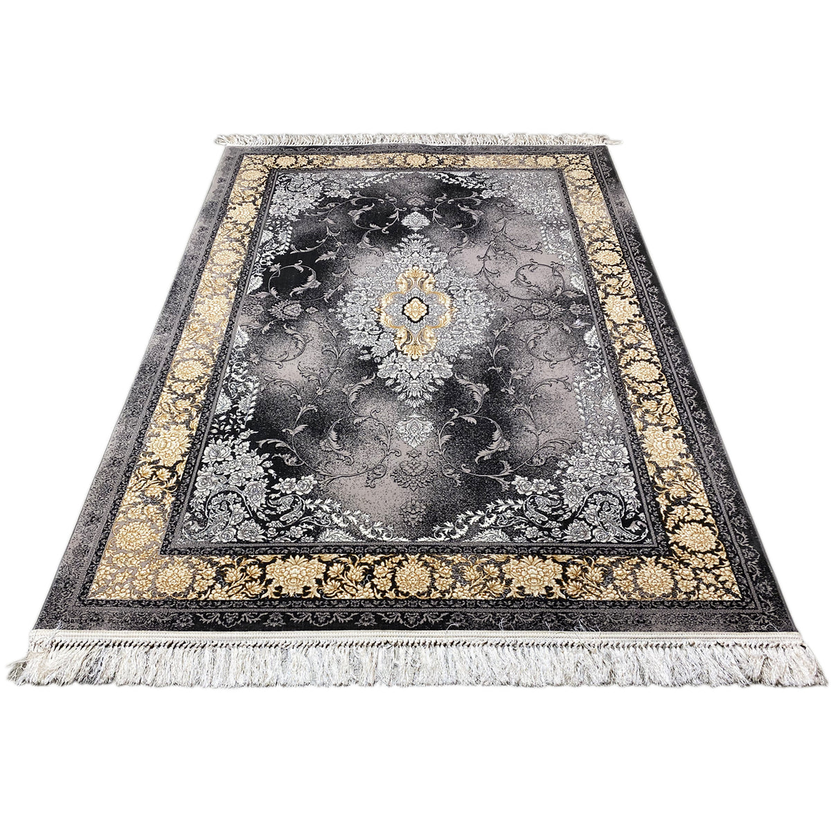 Rug with gray floral design, shimmering gold center appliqué, and fringe