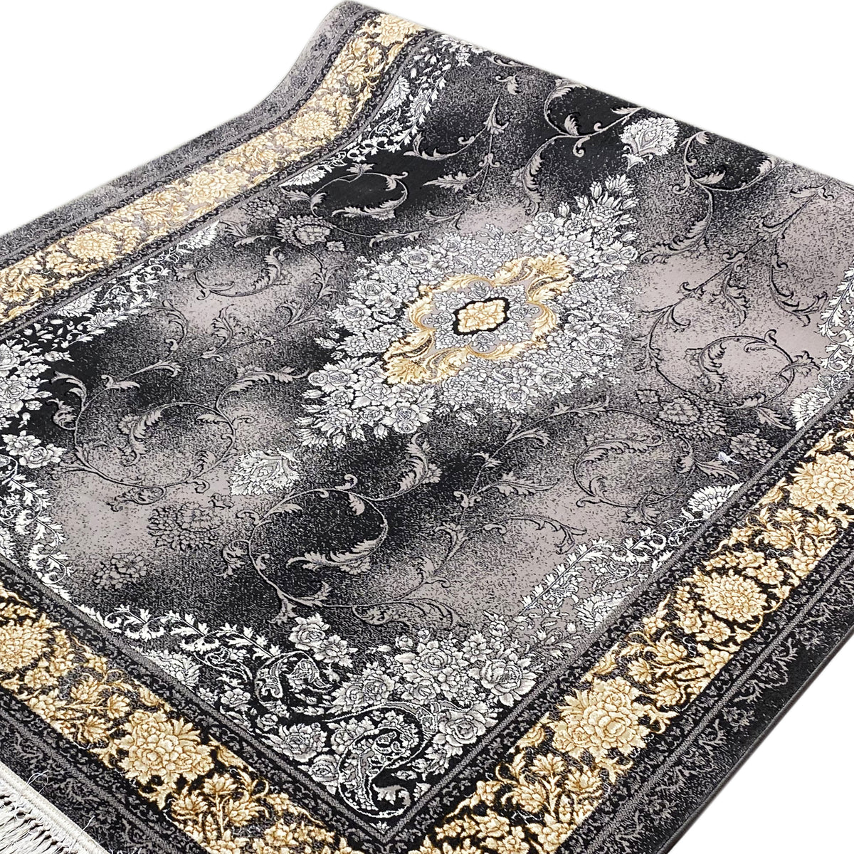 Rug with a gray shadow pattern, black tendrils, and a gold-colored accent border