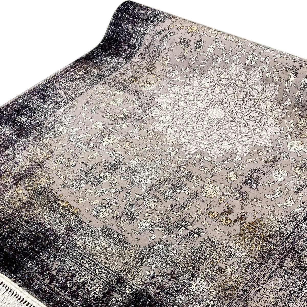 Vintage rug in gray with an ornamental texture and curved lines, beige fringed edge