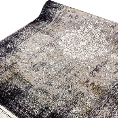Vintage rug in gray with an ornamental texture and curved lines, beige fringed edge
