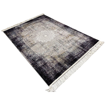 Rectangular vintage rug in light gray and dark anthracite, with beige tassels
