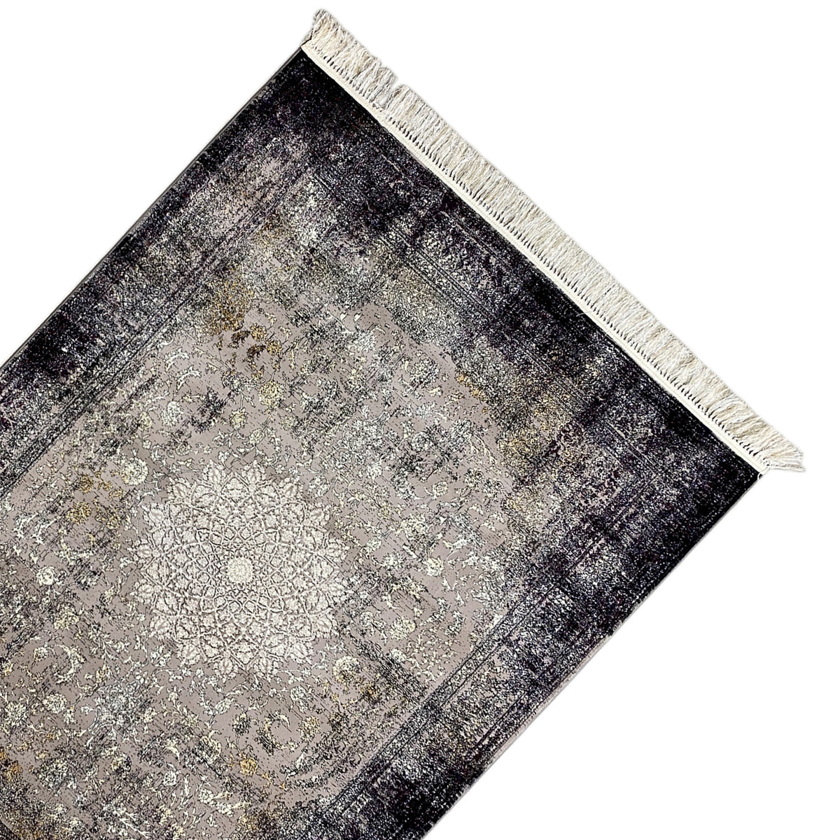 Vintage rug with an all-over ornamental pattern in gray and dark border lines