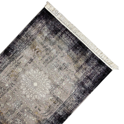 Vintage rug with an all-over ornamental pattern in gray and dark border lines