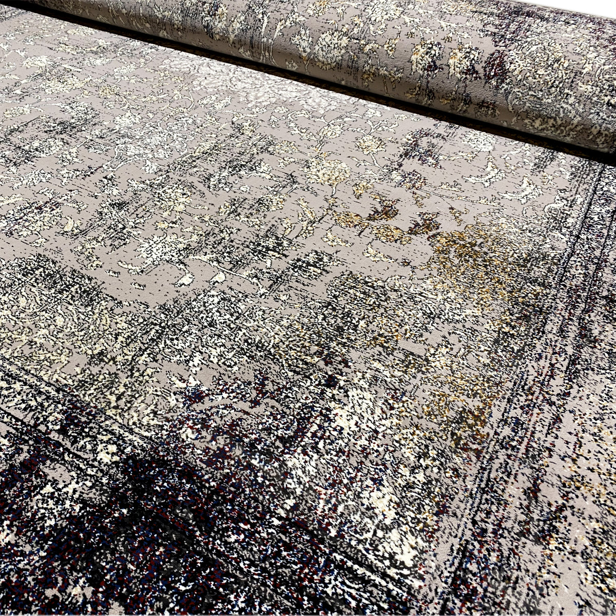 Close-up: Vintage rug surface with an ornamental and speckled look, gray and dark blue
