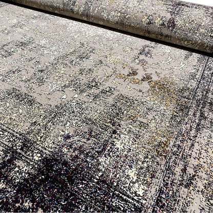Close-up: Vintage rug surface with an ornamental and speckled look, gray and dark blue
