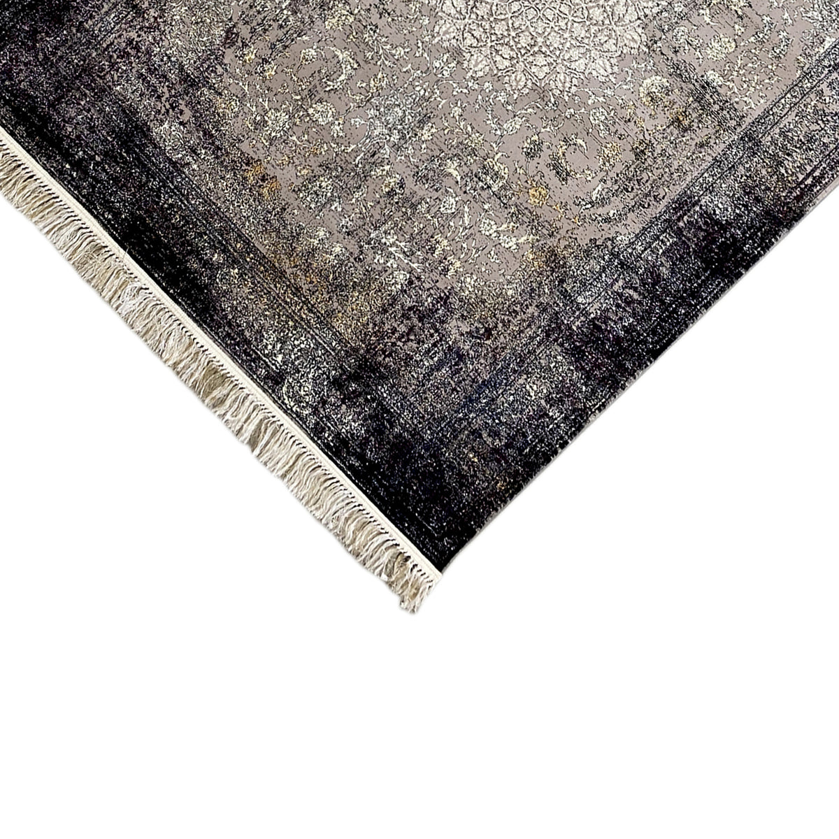 Vintage rug with a patterned surface, dark base and beige accents, fringes