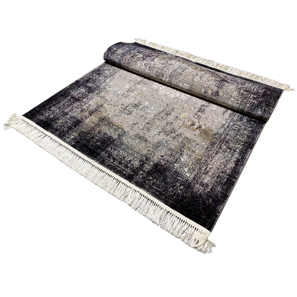 Rectangular vintage rug, textured pattern, dark and light areas, fringes all around