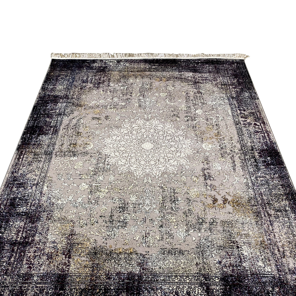 Vintage rug with a large ornamental pattern, light beige center, dark gradients, fringe