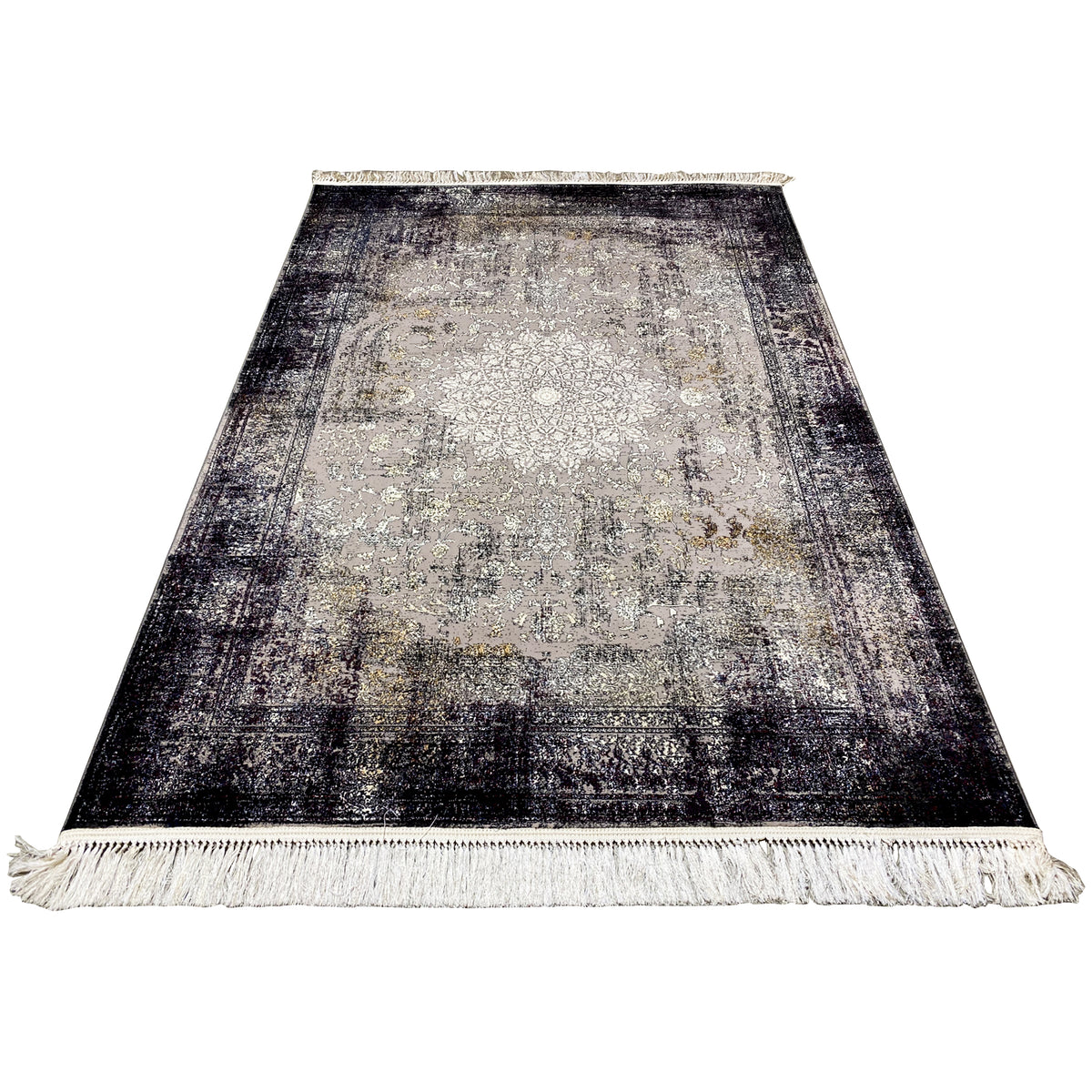 Rectangular vintage rug with an abstract vintage pattern, dark border, and fringes all around