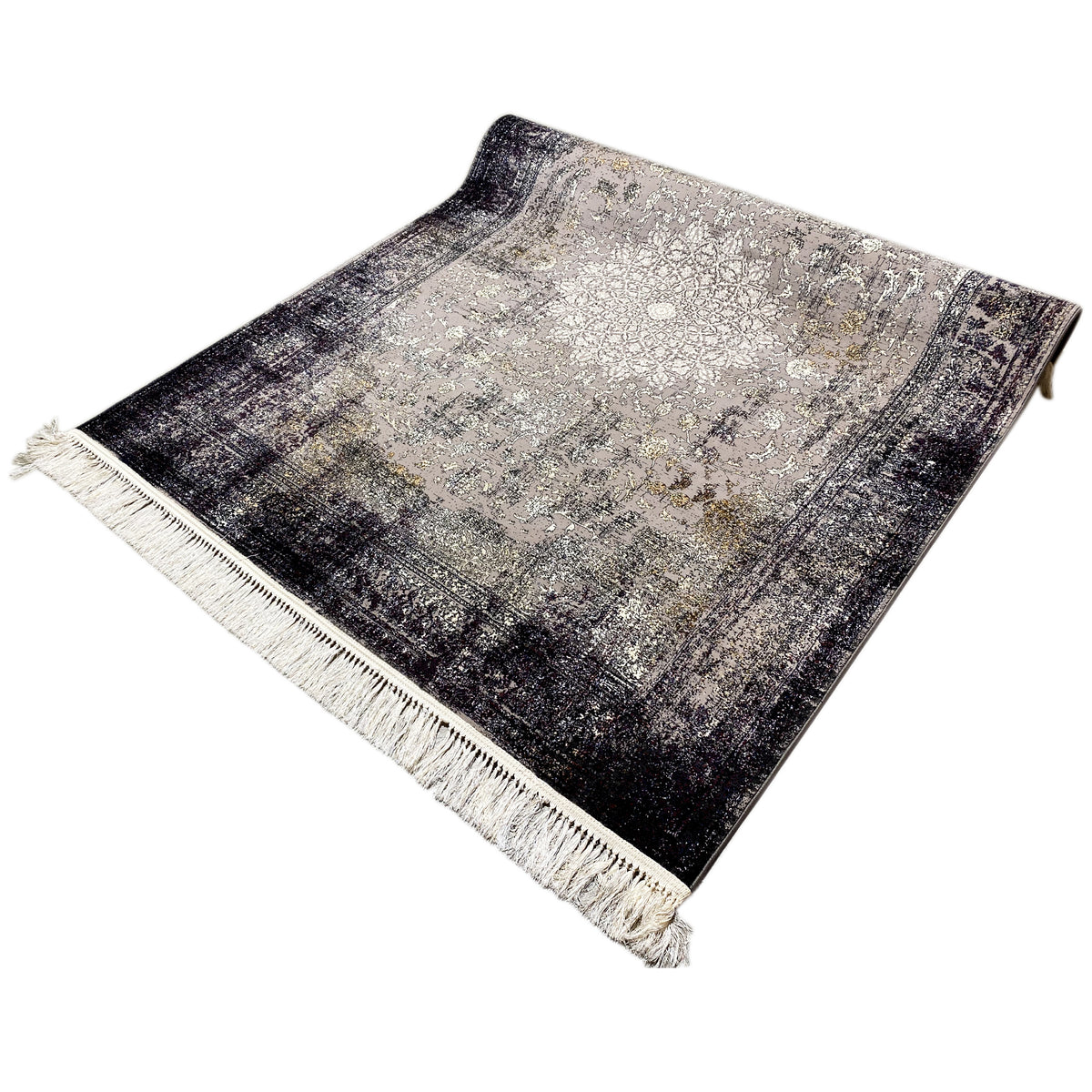 Vintage rug with a gray-beige center and dark textured stripes, fringes along the edges