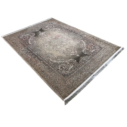 Rectangular rug with a silver-gray vintage ornament in a dark pattern and fringes