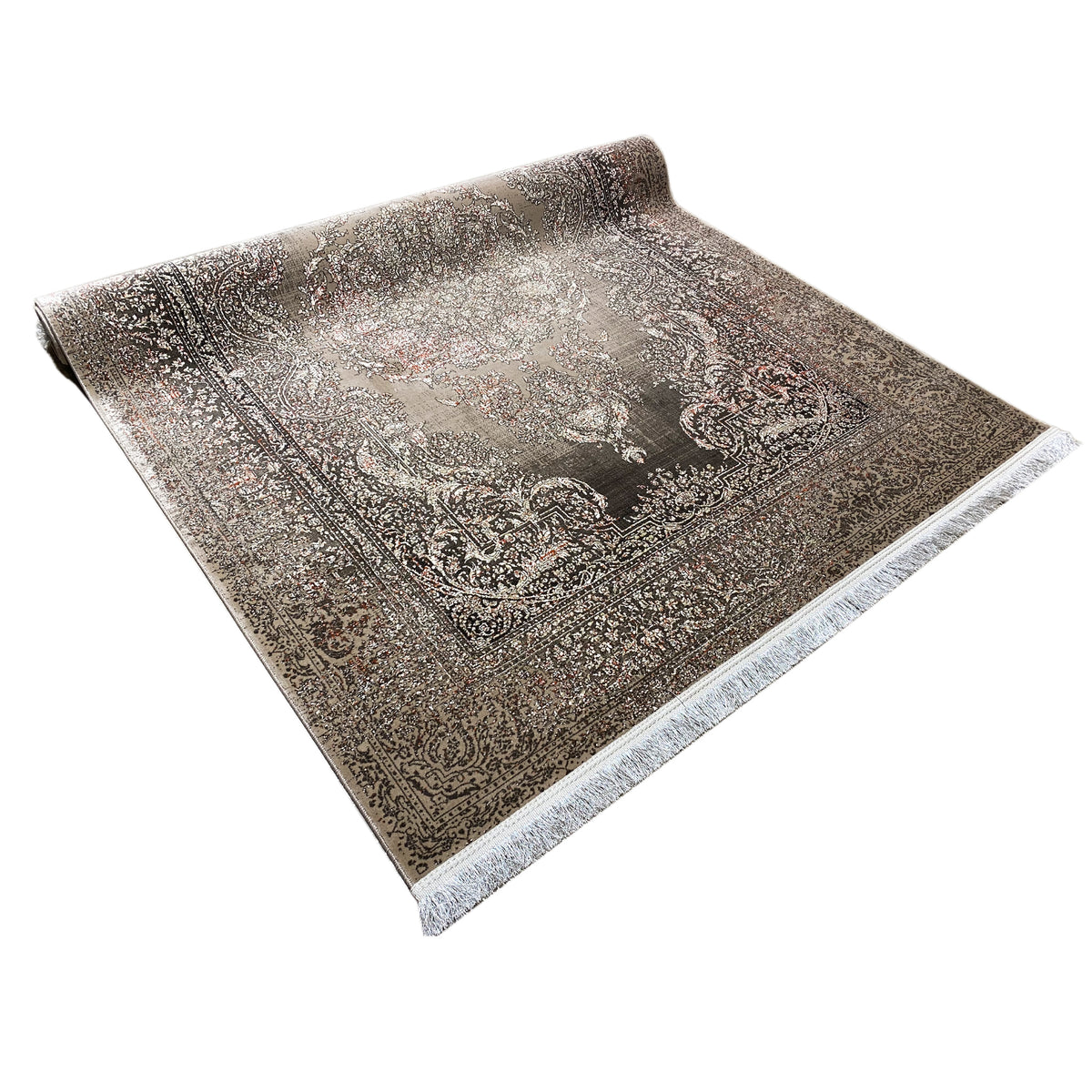Oriental rug with a silver-gray background and dark ornamental pattern, rolled up