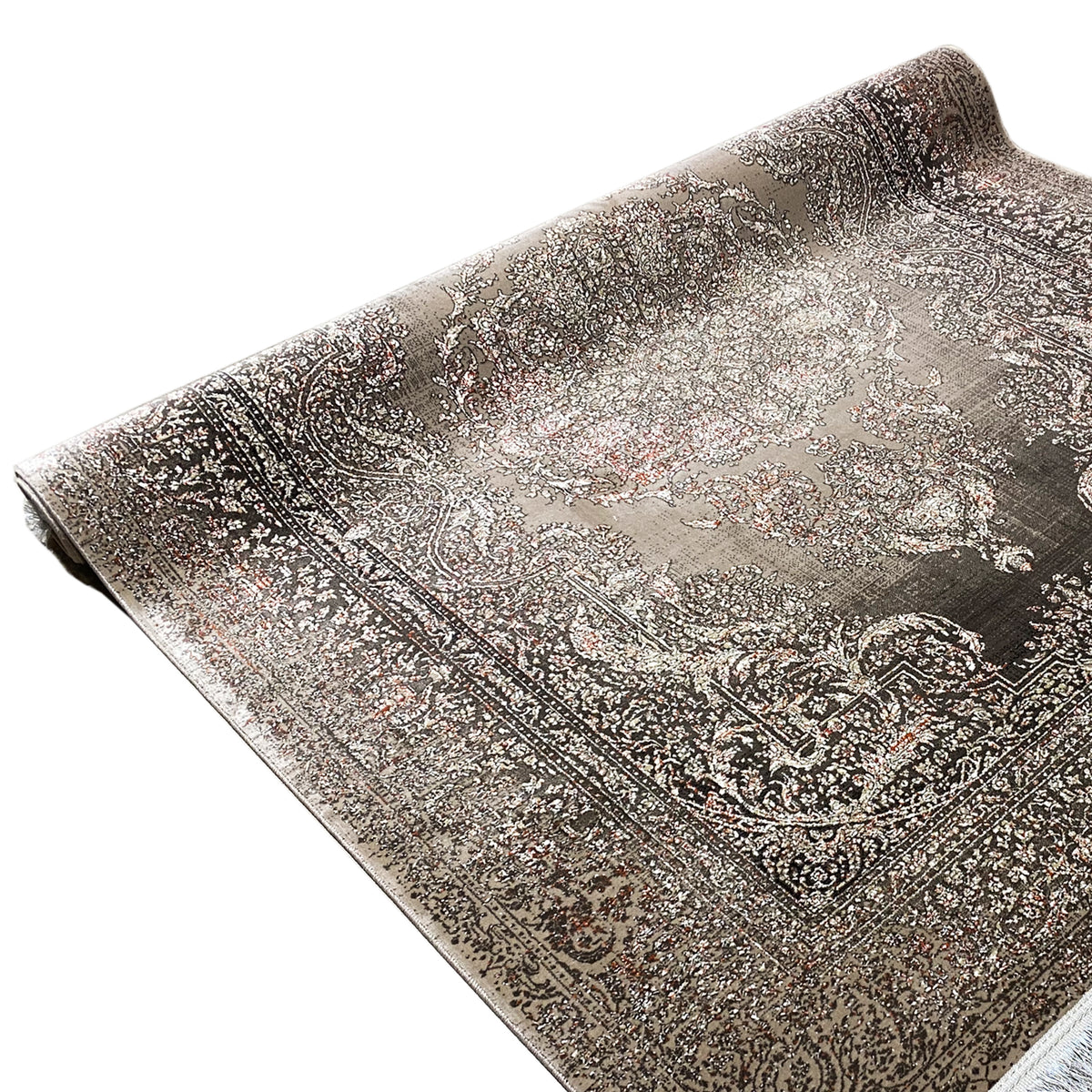 Oriental rug with a Baroque medallion and floral ornaments in beige, black, and gray