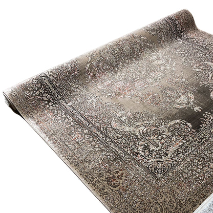 Oriental rug with a Baroque medallion and floral ornaments in beige, black, and gray