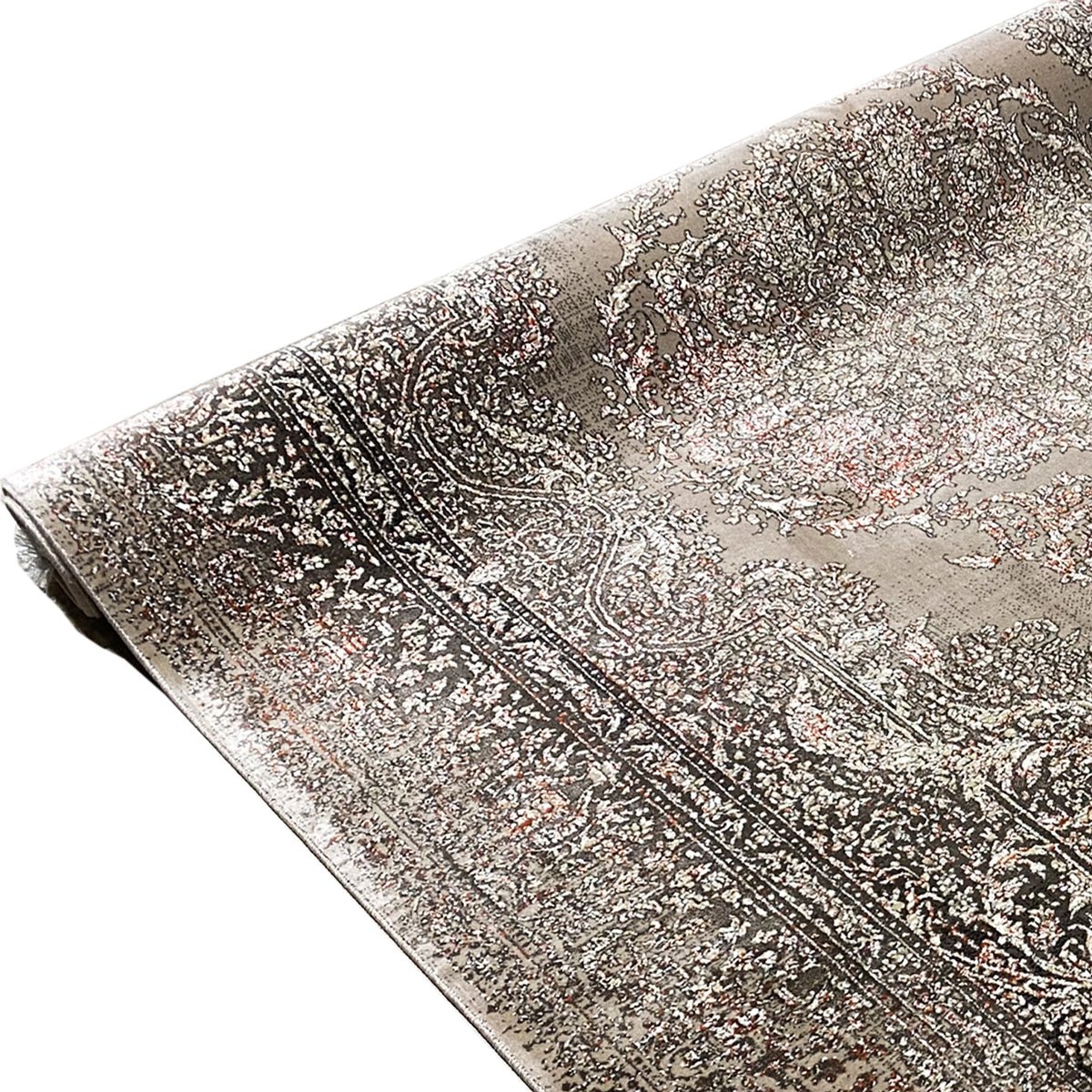 Oriental rug with paisley motifs and an even pattern in gray and dark brown