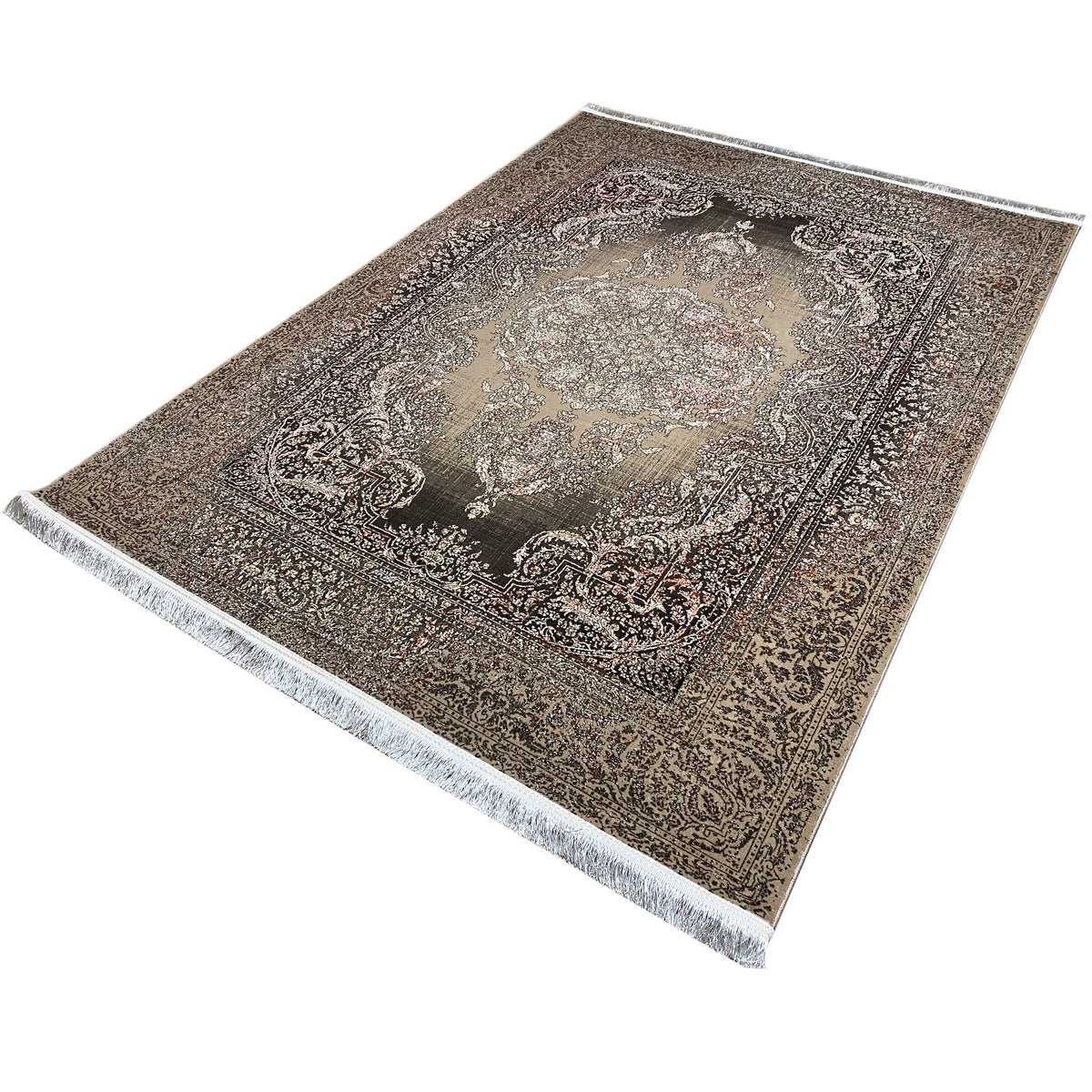 Rug with a silver-gray base, dark all-over pattern, and contrasting off-white fringes