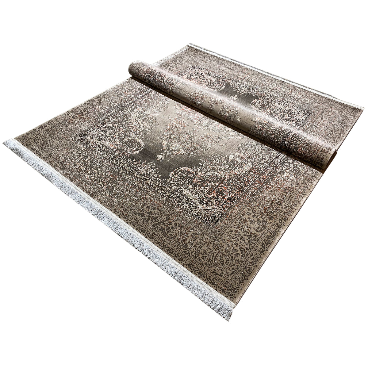 Rug with a rolled depiction on a silver-gray background and a dark ornamental design