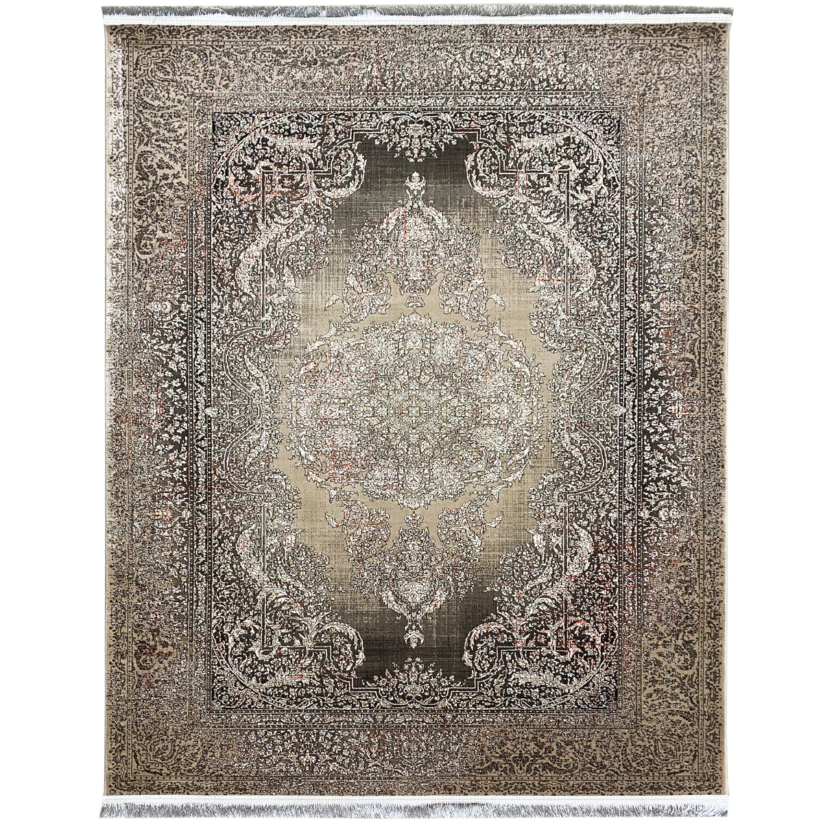 Rug with a silver-gray background and dark ornamental border, rectangular, with fringes