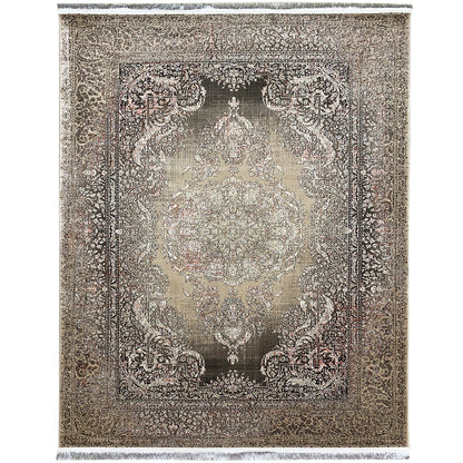 Rug with a silver-gray background and dark ornamental border, rectangular, with fringes