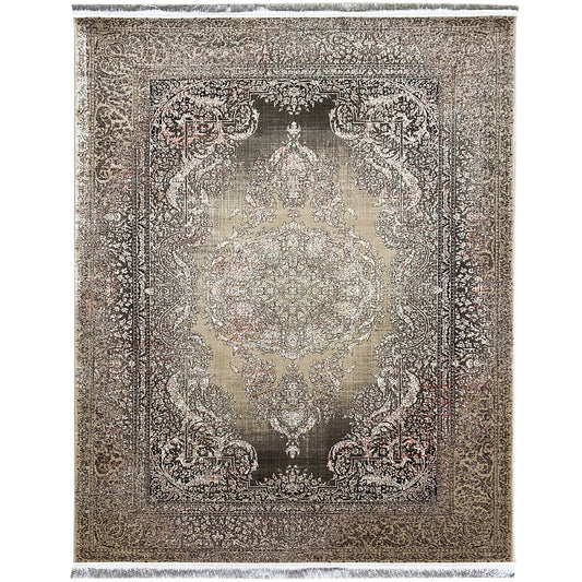 Rug with a silver-gray background and dark ornamental border, rectangular, with fringes