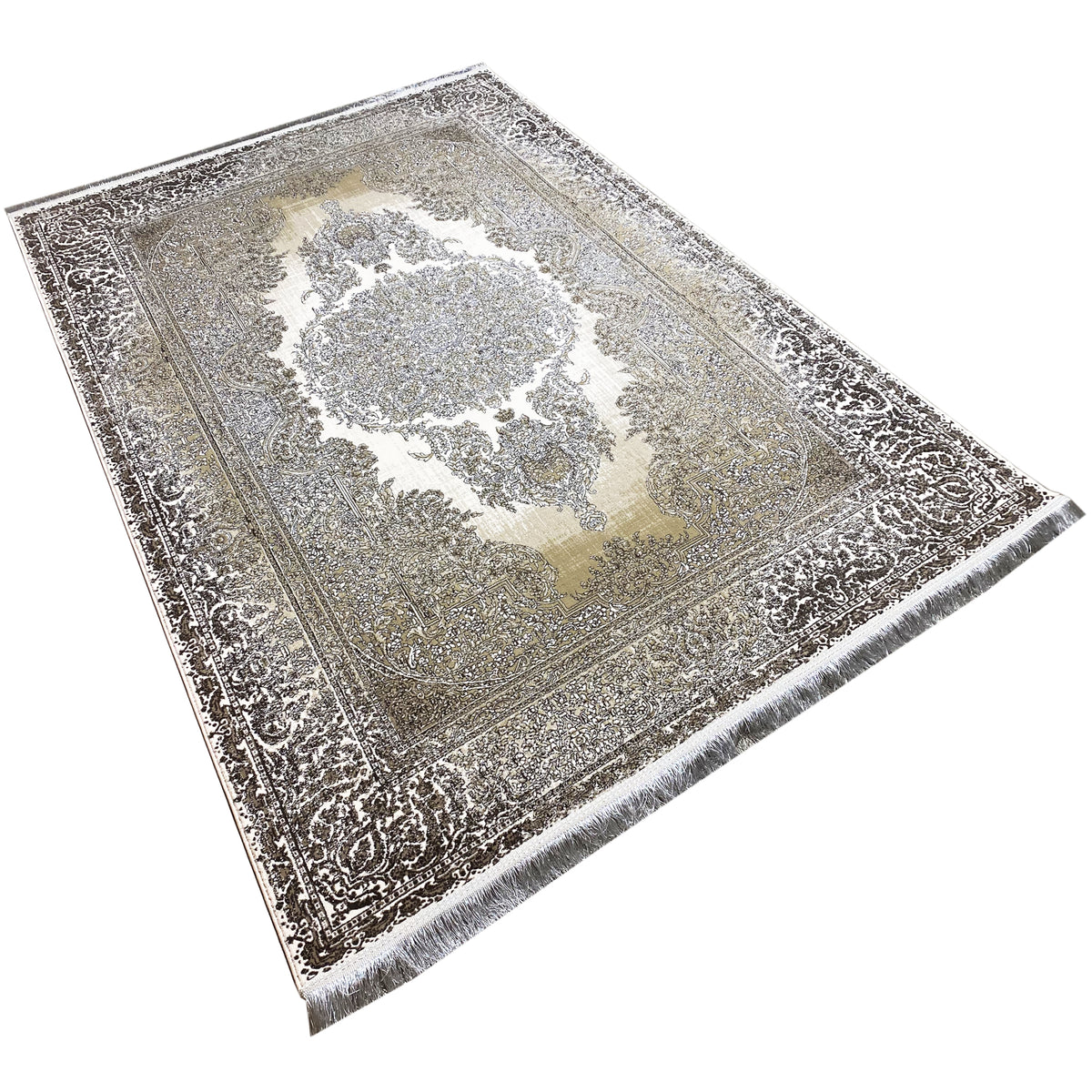 Rug 170x240 cm cream-silver, folded view with vintage ornamentation and medallion