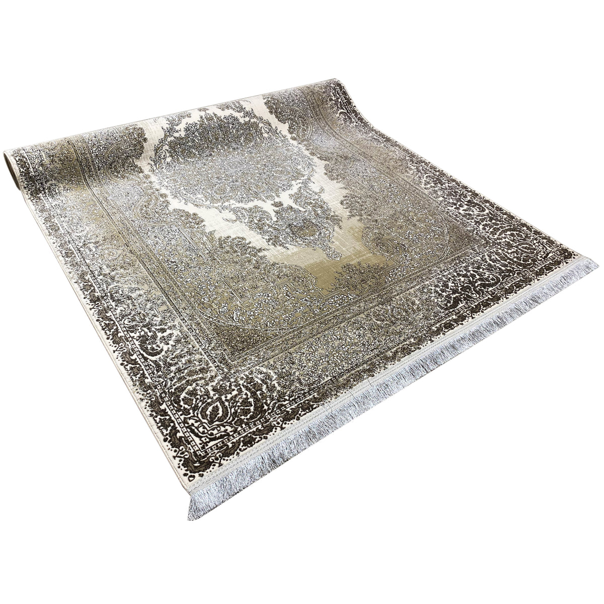 Cream-silver rug 170x240 cm, diagonal view with ornaments