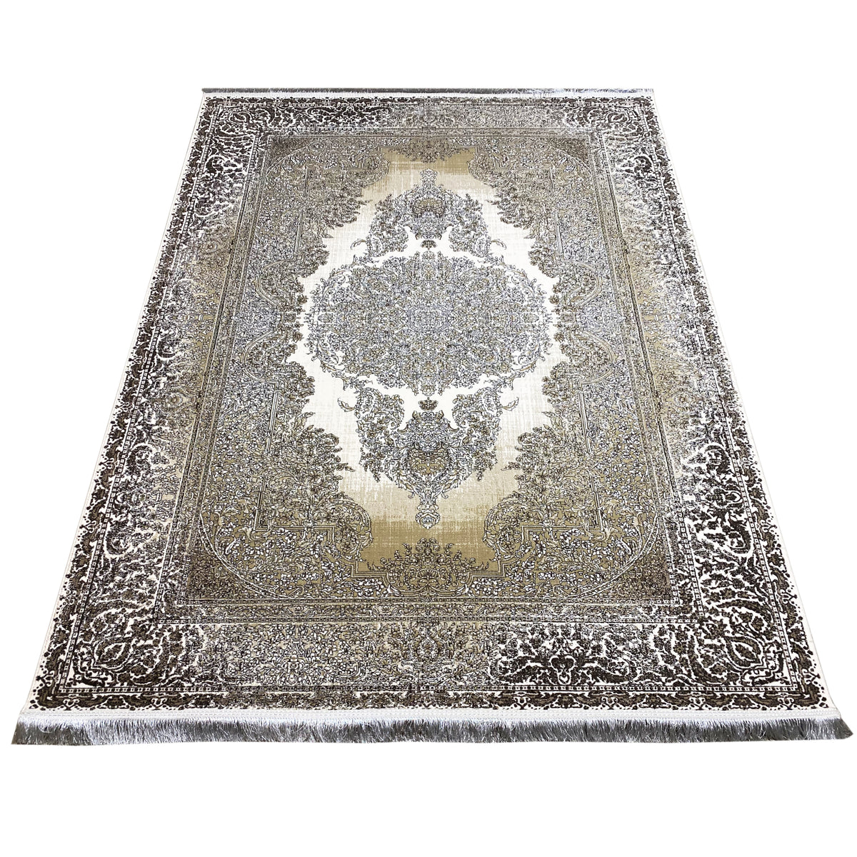 Rug 170x240 cm cream-silver with border trim and round decorative medallion