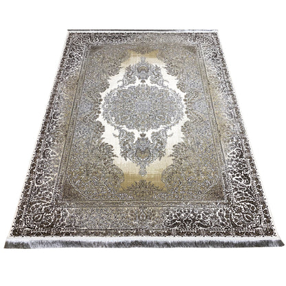 Rug 170x240 cm cream-silver with border trim and round decorative medallion