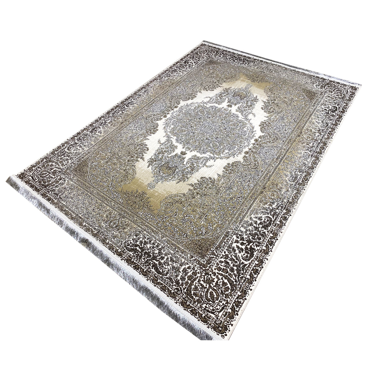 Rug 170x240 cm, cream-silver, with a vintage pattern and decorative edge trim