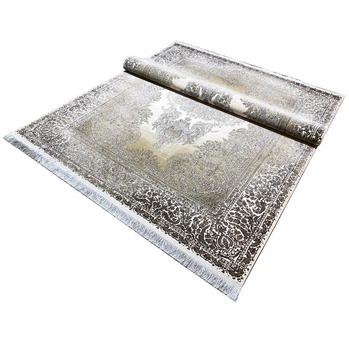 Rug 170x240 cm, cream-silver, rolled, with an ornamental border and medallion