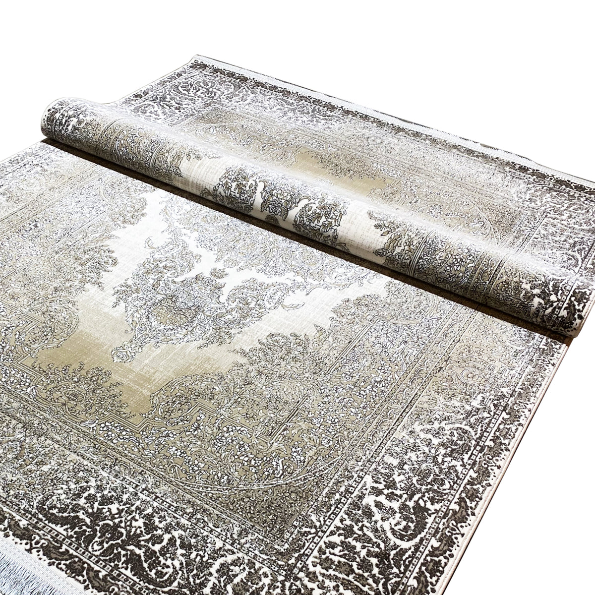 Carpet 170x240 cm, cream-silver, shown rolled, with fine textured and ornamental details