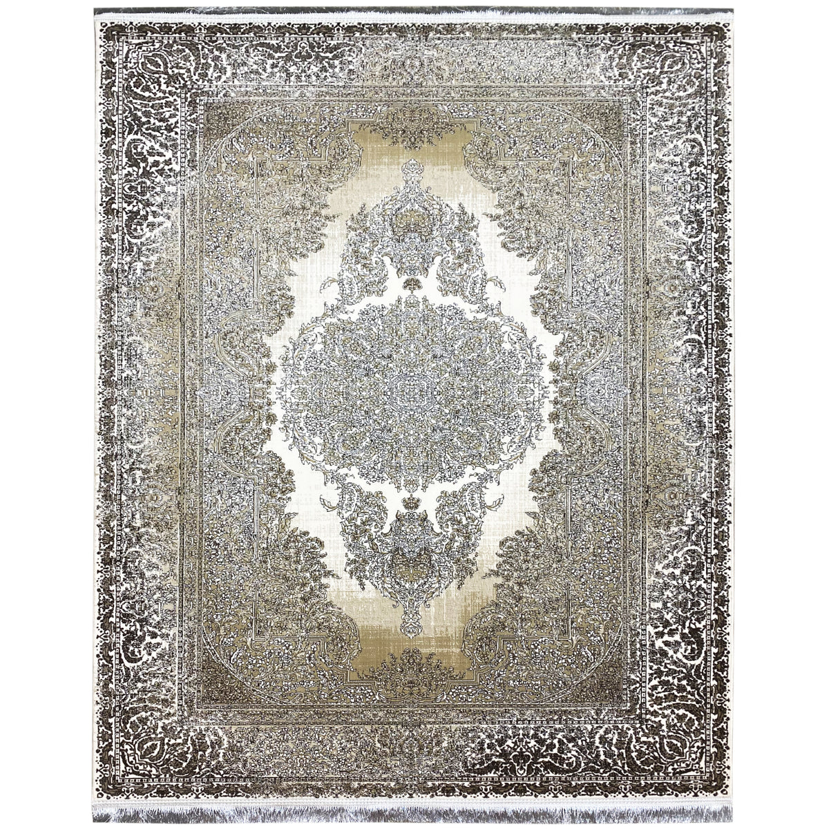 Cream-and-silver rug with an ornamental border and central medallion, 170x240 cm