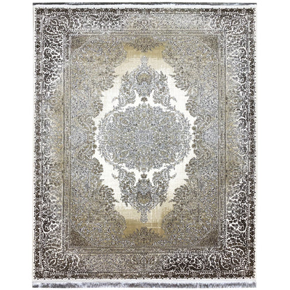 Cream-and-silver rug with an ornamental border and central medallion, 170x240 cm