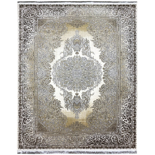 Cream-and-silver rug with an ornamental border and central medallion, 170x240 cm