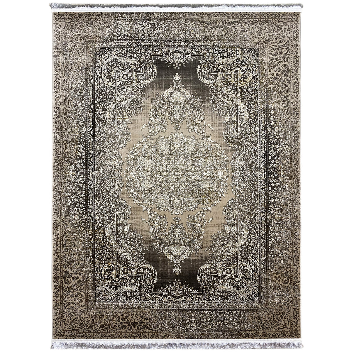 Rug with an ornamental medallion design, brown-gray and beige, with a white fringed edge