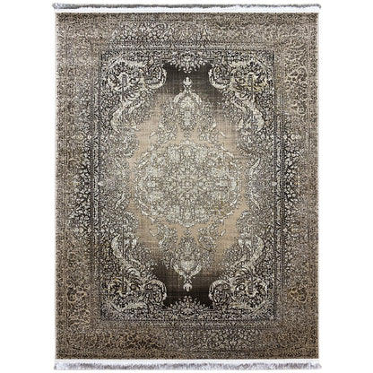 Rug with an ornamental medallion design, brown-gray and beige, with a white fringed edge