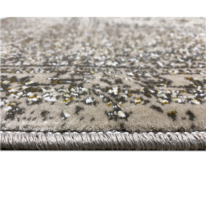 Rug edge with fringe and dense pile, brown-gray with beige pattern elements