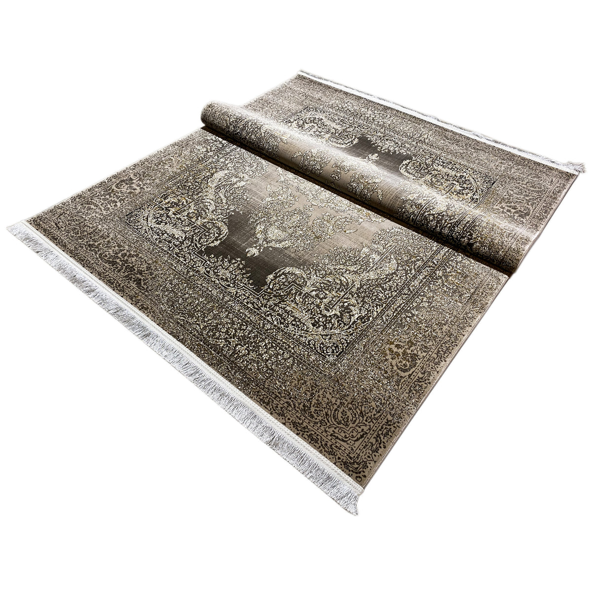 Rug, dark gray with a beige Baroque ornamental pattern and fringes